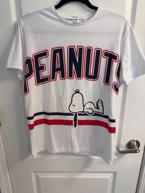 Iceberg White Tee with Peanuts Graphic and Red & Navy Stripes